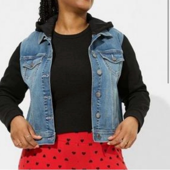 Denim Hooded Knit Sleeve Trucker - Picture 2 of 6